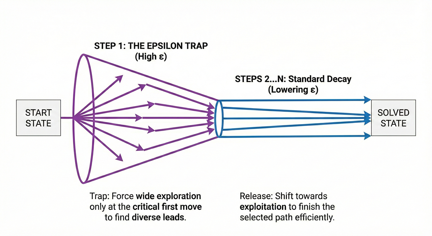 Epsilon Trap schedule reducing randomness on the first move while preserving later exploration